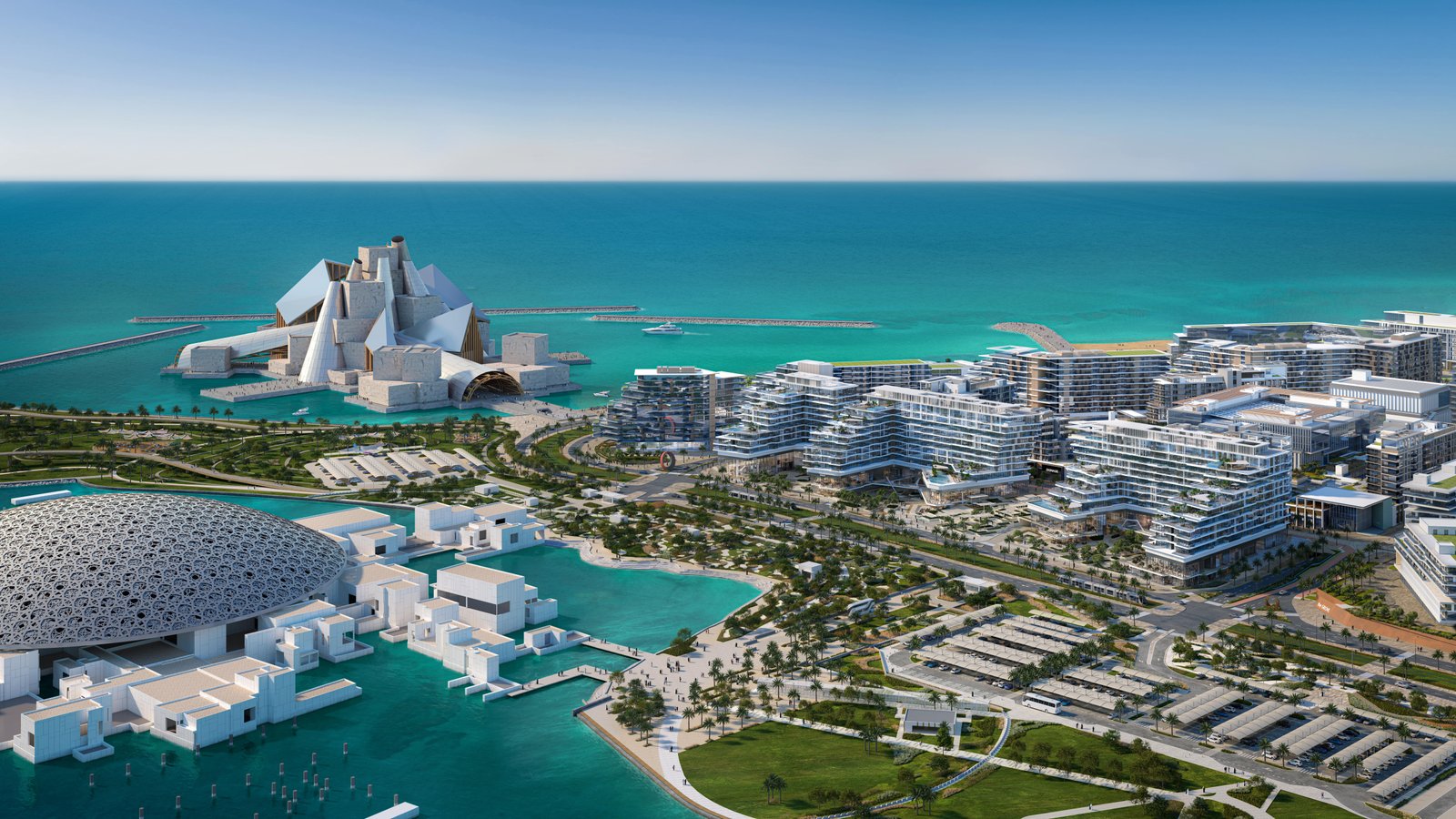 Luxury apartment exterior at Grove Gallery Views Saadiyat Island Abu Dhabi showcasing modern architecture and premium residential lifestyle community.