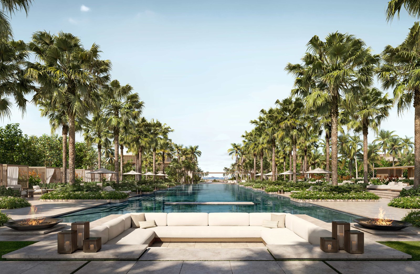 Infinity swimming pool with private cabanas overlooking the Arabian Gulf at Four Seasons Saadiyat