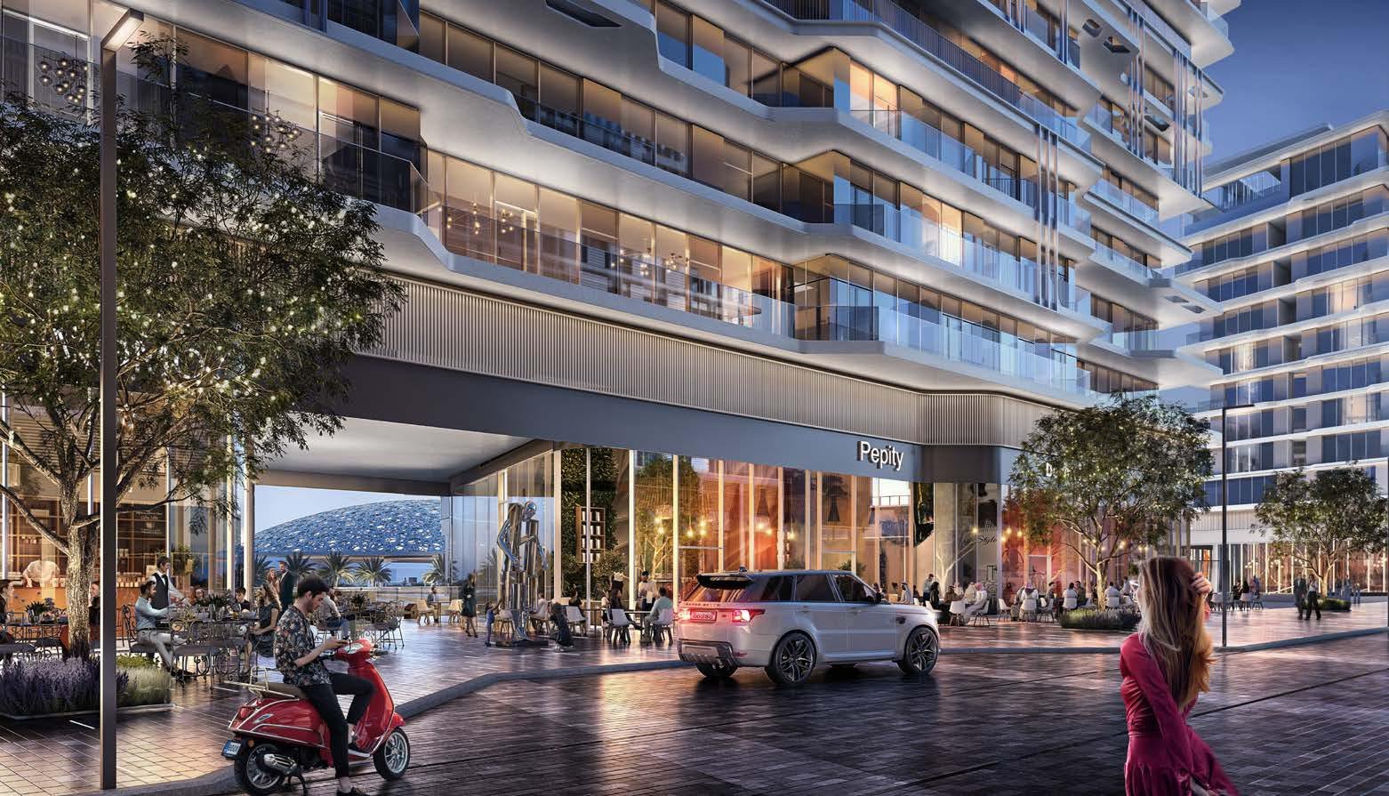 Louvre Abu Dhabi Residences on Saadiyat Island Abu Dhabi showcasing luxury waterfront apartments with views of the iconic Louvre Abu Dhabi museum.