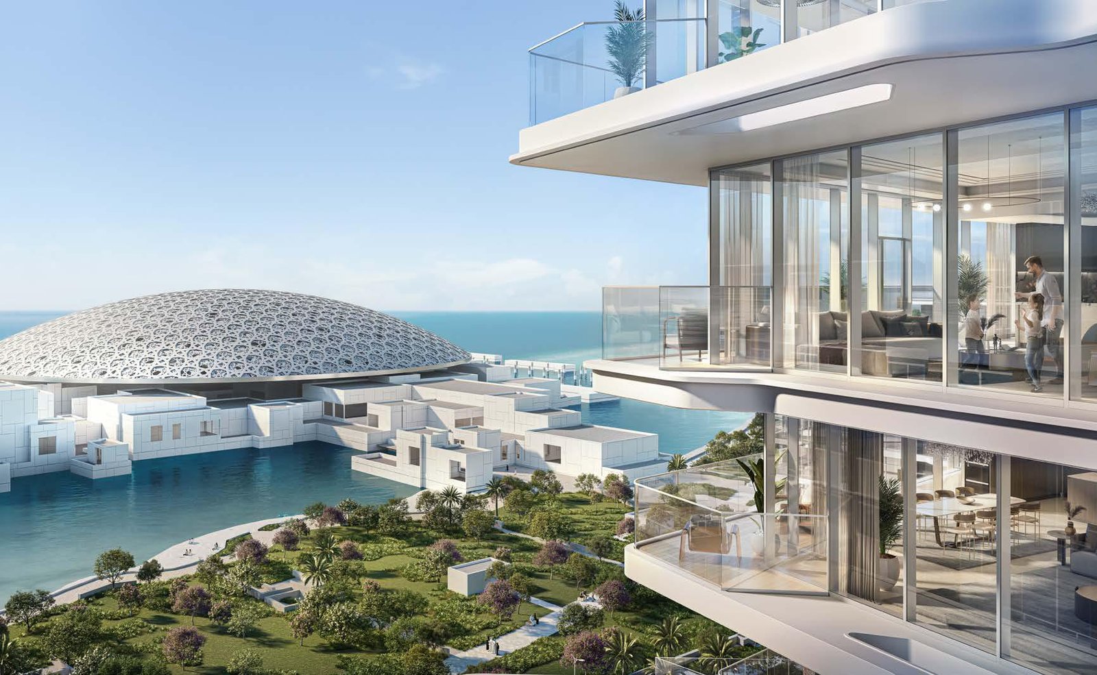 Luxury apartment exterior at Louvre Abu Dhabi Residences Saadiyat Island overlooking waterfront views and the iconic Louvre Abu Dhabi dome.