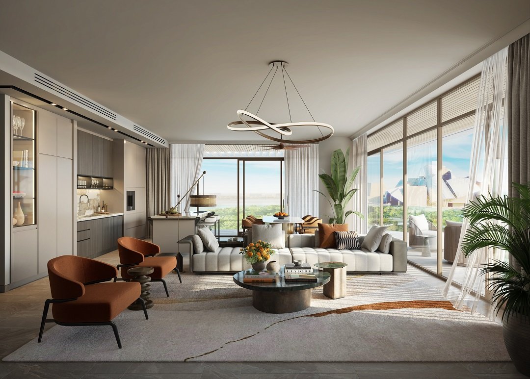 Modern living room interior at The Arthouse apartment in Saadiyat Grove, featuring premium finishes, elegant contemporary design, and refined luxury detail